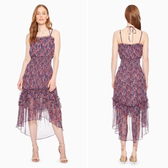 Parker Amethyst Floral Silk Chiffon Purple & Red Floral Midi Dress M - Picture 1 of 4